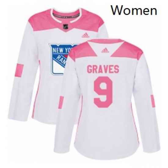 Womens Adidas New York Rangers 9 Adam Graves Authentic WhitePink Fashion NHL Jersey